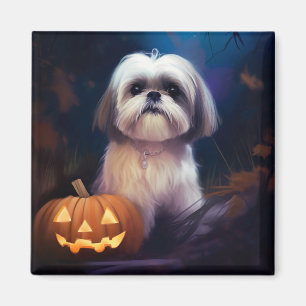 Halloween Shih Tzu With Pumpkins Scary Magnet