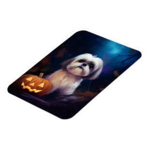 Halloween Shih Tzu With Pumpkins Scary Magnet