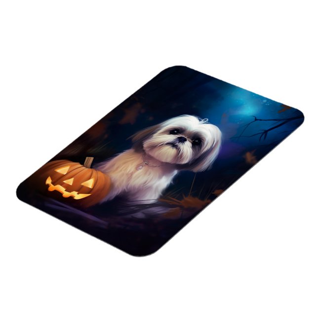 Halloween Shih Tzu With Pumpkins Scary Magnet (Left Side)