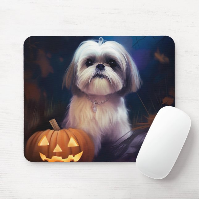 Halloween Shih Tzu With Pumpkins Scary Mouse Mat (With Mouse)