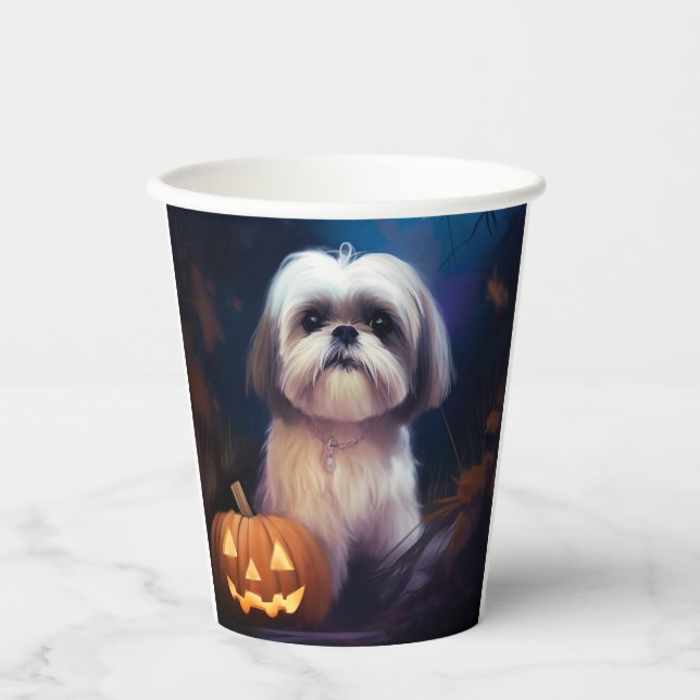 Halloween Shih Tzu With Pumpkins Scary Paper Cups (Front)