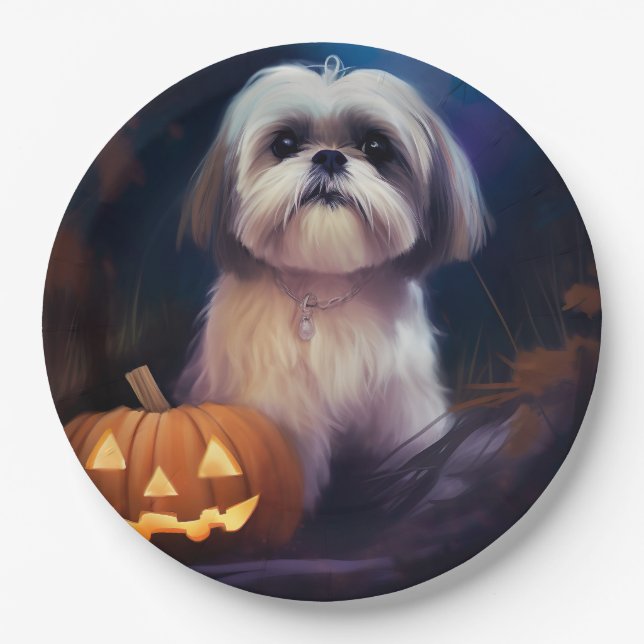 Halloween Shih Tzu With Pumpkins Scary Paper Plate (Front)