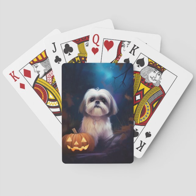 Halloween Shih Tzu With Pumpkins Scary Playing Cards (Back)