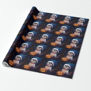 Halloween Shih Tzu With Pumpkins Scary Wrapping Paper