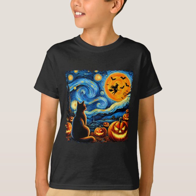 Halloween Shirt Men Women Black Cat Pumpkins Bats  (Front)