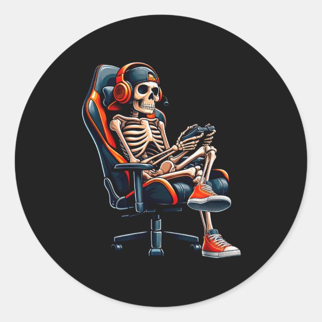 Halloween Shirts Skeleton Gamer Video Gaming Boys  Classic Round Sticker (Front)