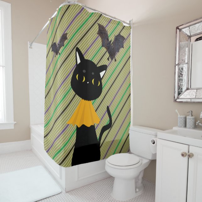 Halloween Shower Curtain, Black Cat Shower Curtain (In Situ)