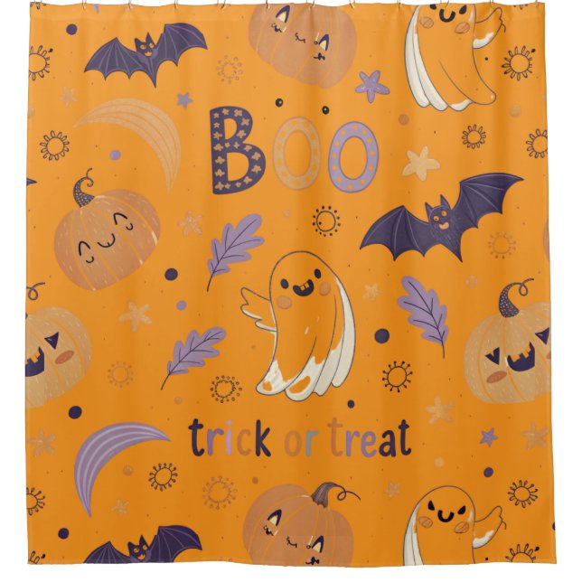 "Halloween Shower Curtain – Pumpkins, Ghosts & Bat (Front)