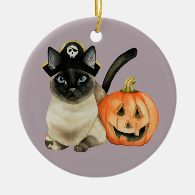 Halloween Siamese Cat with Jack O' Lantern Ceramic Tree Decoration (Front)