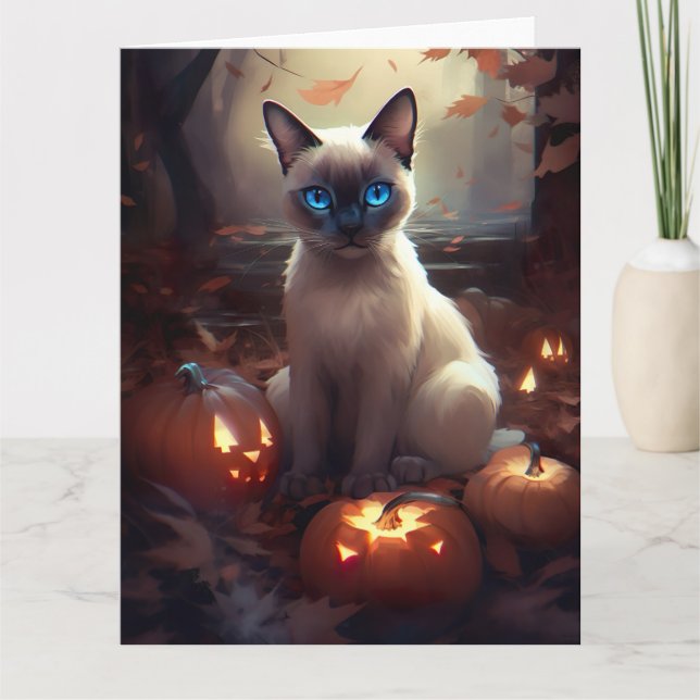 Halloween Siamese Cat With Pumpkins Scary  Card (Front)