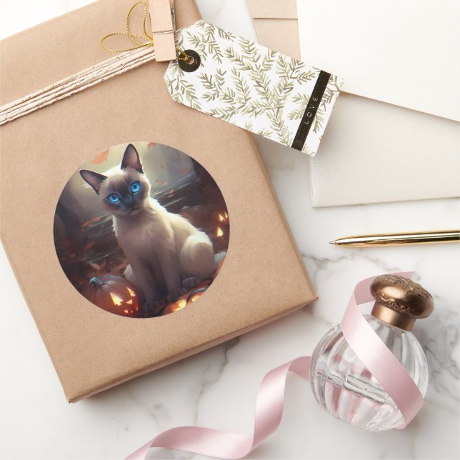 Halloween Siamese Cat With Pumpkins Scary  Classic Round Sticker (Gifting)