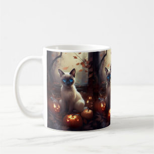 Halloween Siamese Cat With Pumpkins Scary Coffee Mug