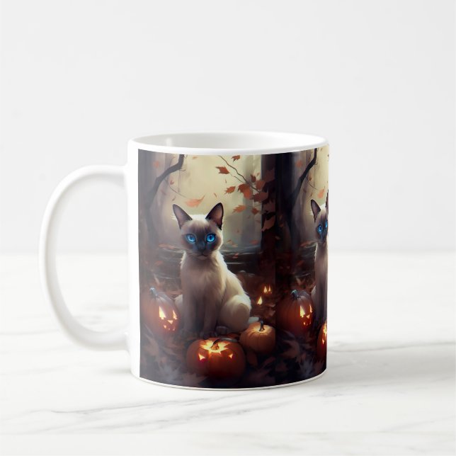 Halloween Siamese Cat With Pumpkins Scary  Coffee Mug (Left)