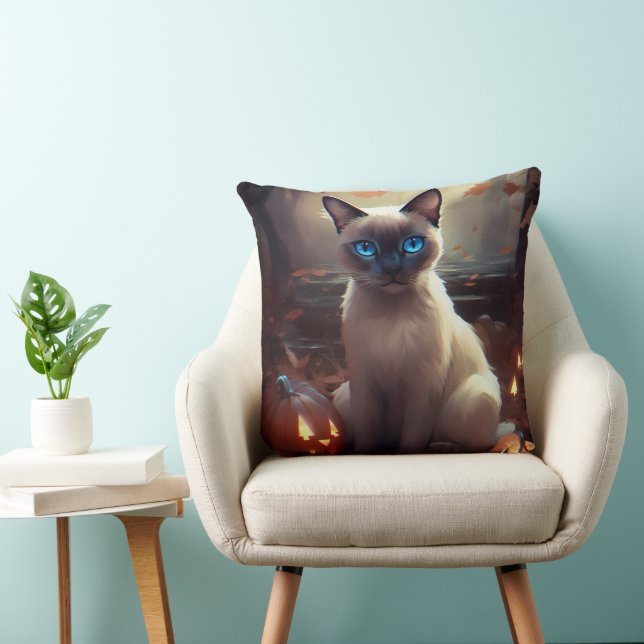 Halloween Siamese Cat With Pumpkins Scary  Cushion (Chair)
