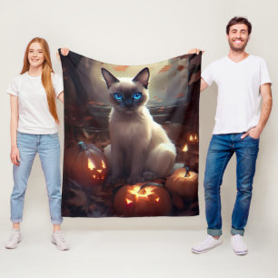 Halloween Siamese Cat With Pumpkins Scary  Fleece Blanket