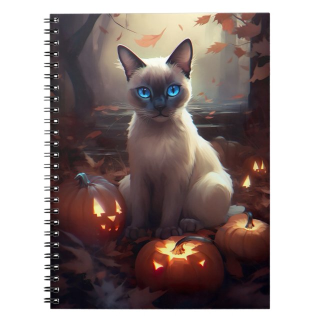 Halloween Siamese Cat With Pumpkins Scary  Notebook (Front)