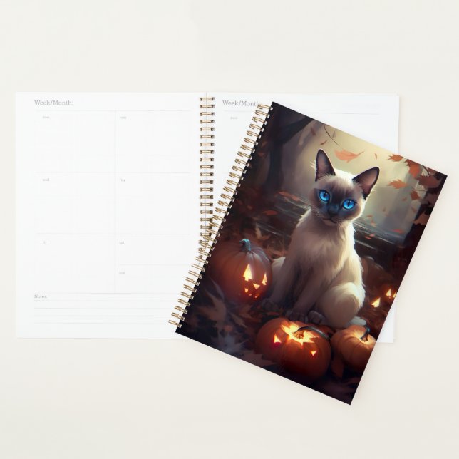 Halloween Siamese Cat With Pumpkins Scary  Planner (Display)
