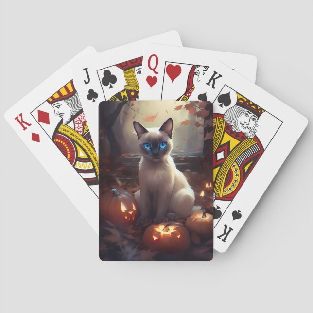 Halloween Siamese Cat With Pumpkins Scary  Playing Cards (Back)