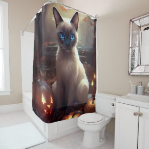 Halloween Siamese Cat With Pumpkins Scary  Shower Curtain