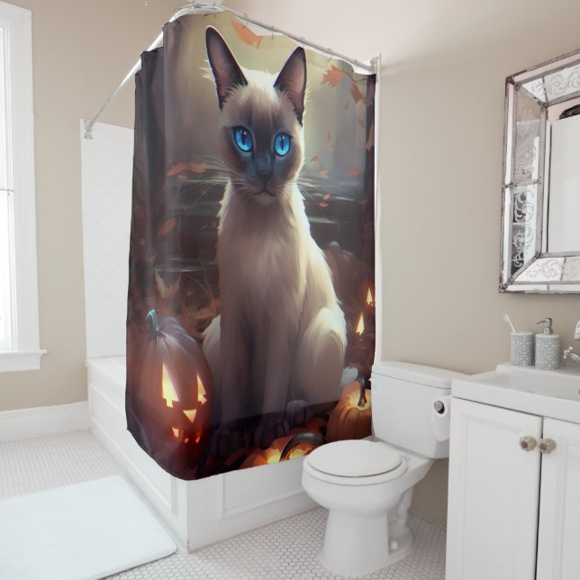 Halloween Siamese Cat With Pumpkins Scary  Shower Curtain (In Situ)