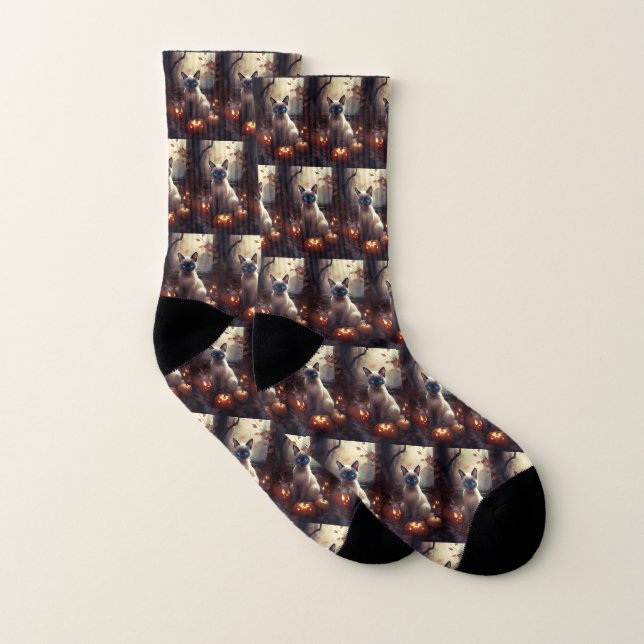 Halloween Siamese Cat With Pumpkins Scary  Socks (Pair)