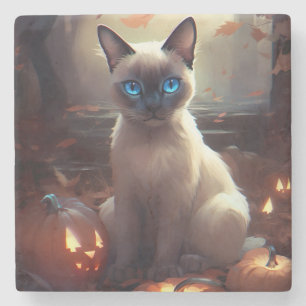 Halloween Siamese Cat With Pumpkins Scary Stone Coaster