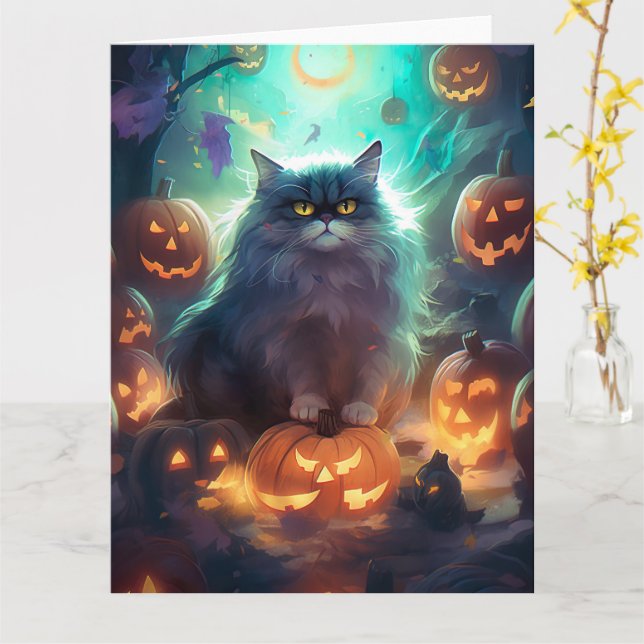 Halloween Siberian Cat With Pumpkins Scary Card (Yellow Flower)