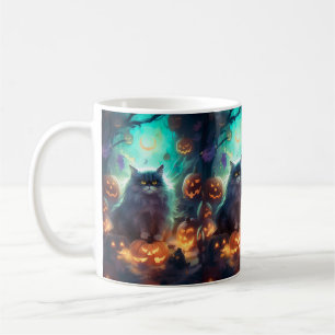 Halloween Siberian Cat With Pumpkins Scary Coffee Mug