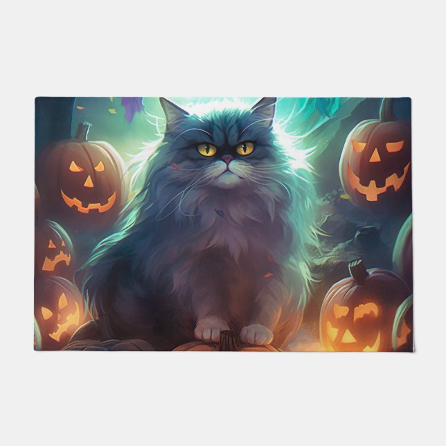 Halloween Siberian Cat With Pumpkins Scary Doormat (Front)