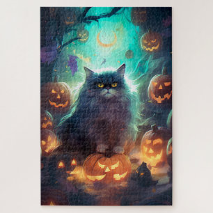 Halloween Siberian Cat With Pumpkins Scary Jigsaw Puzzle