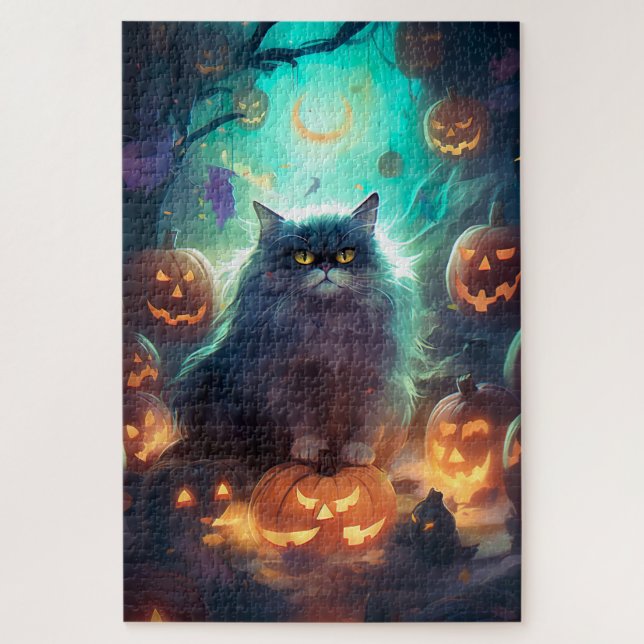 Halloween Siberian Cat With Pumpkins Scary Jigsaw Puzzle (Vertical)
