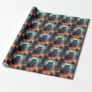 Halloween Siberian Cat With Pumpkins Scary Wrapping Paper