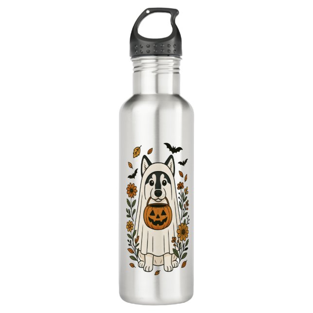 Halloween Siberian Husky Flowers 710 Ml Water Bottle (Front)