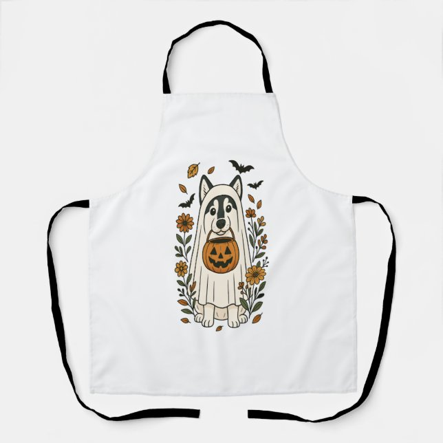 Halloween Siberian Husky Flowers Apron (Front)