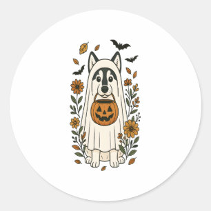 Halloween Siberian Husky Flowers Classic Round Sticker