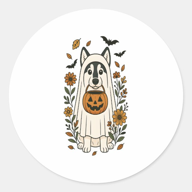 Halloween Siberian Husky Flowers Classic Round Sticker (Front)