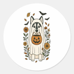 Halloween Siberian Husky Flowers Classic Round Sticker
