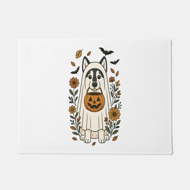 Halloween Siberian Husky Flowers Doormat (Front)