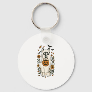 Halloween Siberian Husky Flowers Key Ring