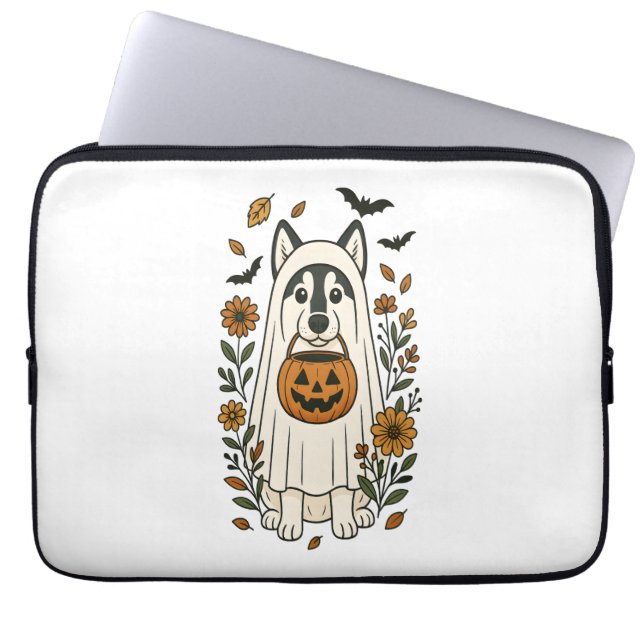Halloween Siberian Husky Flowers Laptop Sleeve (Front)