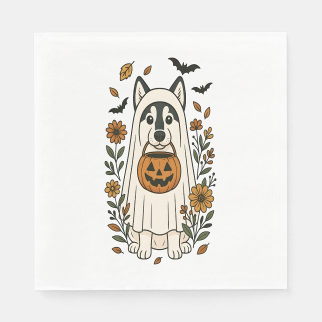 Halloween Siberian Husky Flowers Napkin (Front)
