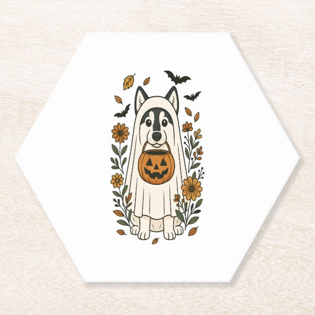 Halloween Siberian Husky Flowers Paper Coaster (Front)