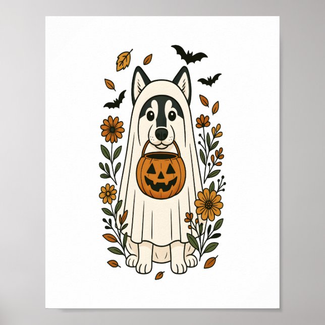 Halloween Siberian Husky Flowers Poster (Front)