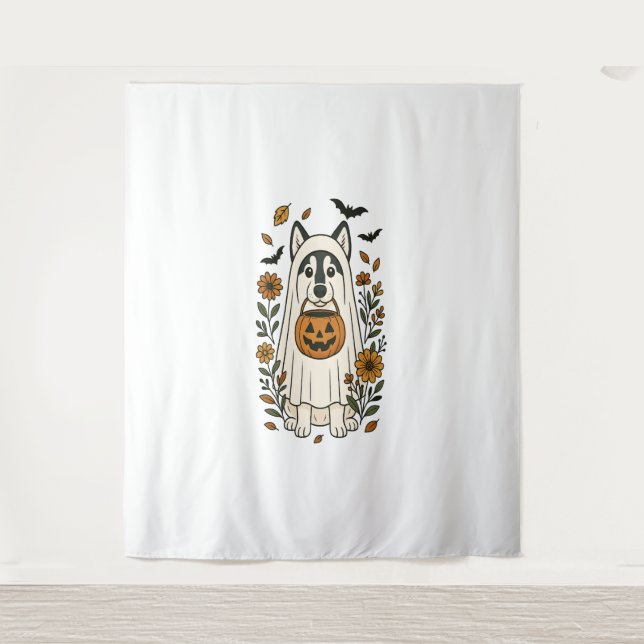 Halloween Siberian Husky Flowers Tapestry (Front)