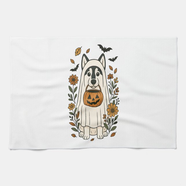 Halloween Siberian Husky Flowers Tea Towel (Horizontal)