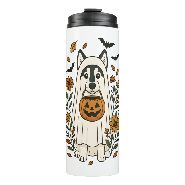 Halloween Siberian Husky Flowers Thermal Tumbler (Front)