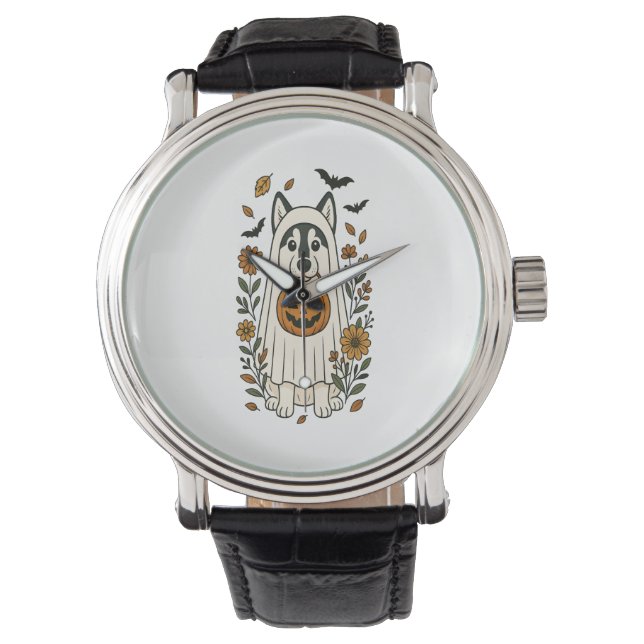 Halloween Siberian Husky Flowers Watch (Front)
