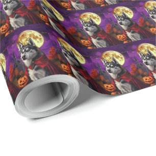 Halloween Siberian Husky Vampire Pumpkins Scary Wrapping Paper