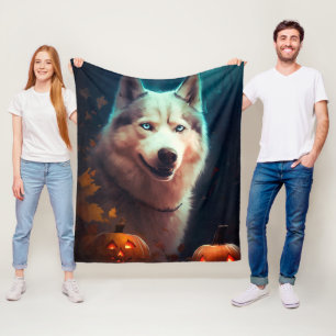 Halloween Siberian Husky With Pumpkins Scary Fleece Blanket