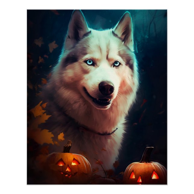 Halloween Siberian Husky With Pumpkins Scary  Poster (Front)